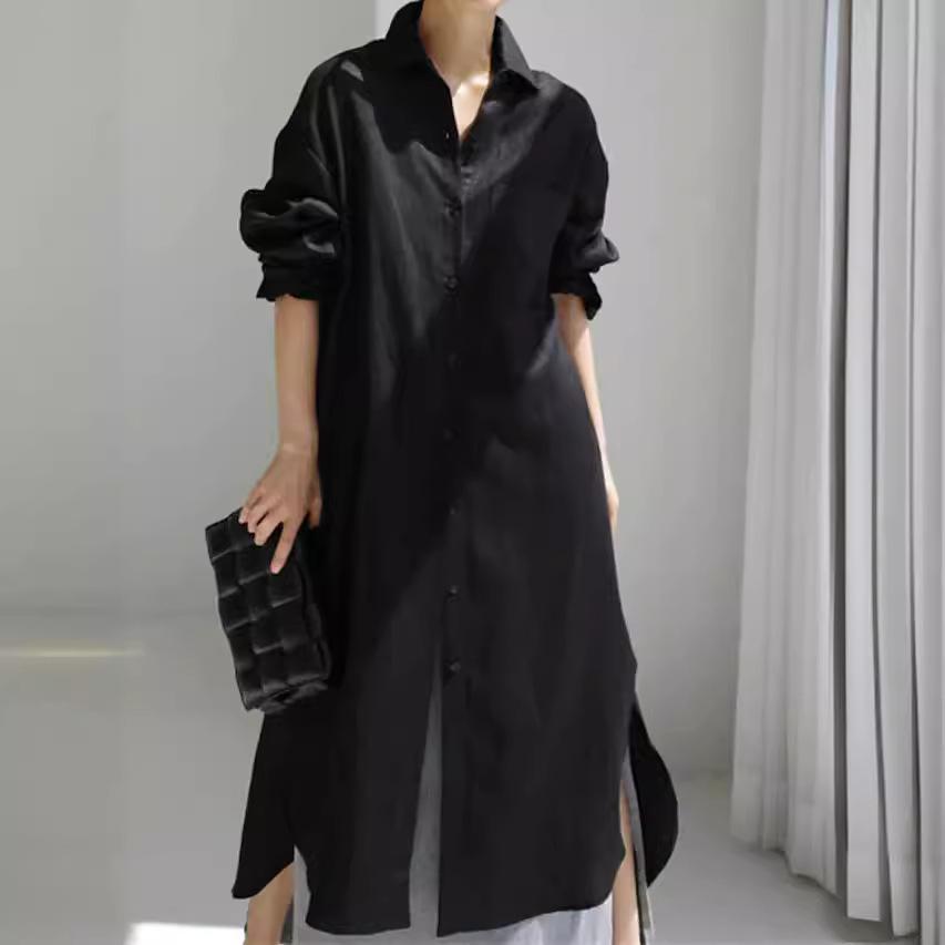 Women Lapel Collar Linen Cotton Long Shirt Dress,Loose Single-Breasted Long Sleeve Maxi Dress Casual Split Tunic Cover-Up S-2XL
