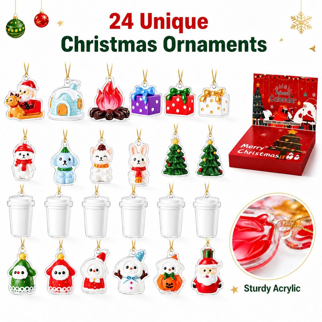 -Day Christmas Advent Calendar Set, Cute 2D Acrylic Holiday Ornaments, Tree Decorations Countdown Gift for Kids