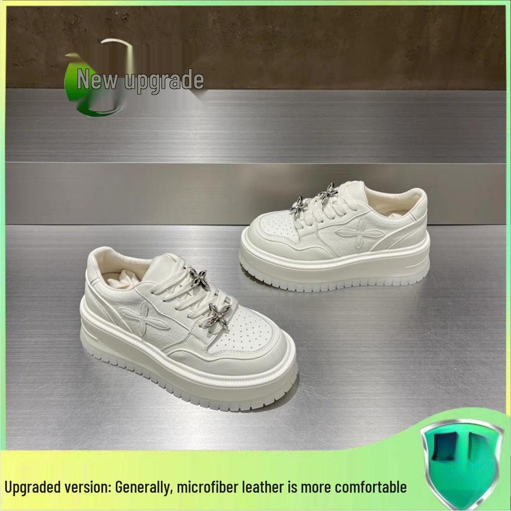 Women's Rhinestone Platform White Sneakers - Thick-Soled, Versatile Height-Increasing, Round-Toe Casual Shoes for Spring 2025.