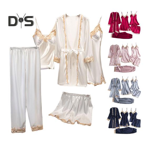 5 Pcs/Set Women Pajamas Set Nightgown Nightdress Top Shorts Pants Set Silky Satin Lace Patchwork Loose Lace-up Waist Thin Women Homewear Set