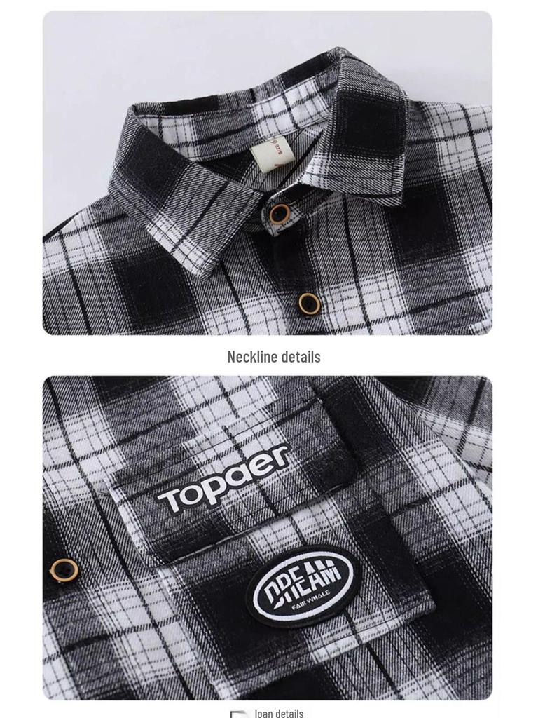 Boys' Plaid Long Sleeve Shirt Jacket, Spring & Autumn 2025, Korean Style, Trendy & Loose Fit for Big Kids.