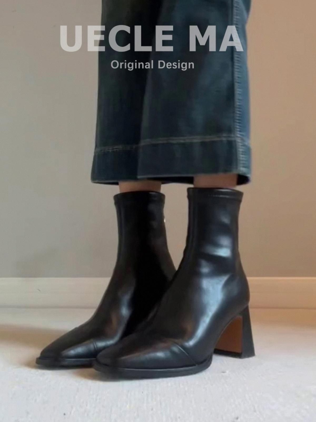 

Sheepskin version~ Leather short boots women s high-heeled Martin boots Korean small bare boots thick-heeled Chelsea boots French thin boots 34