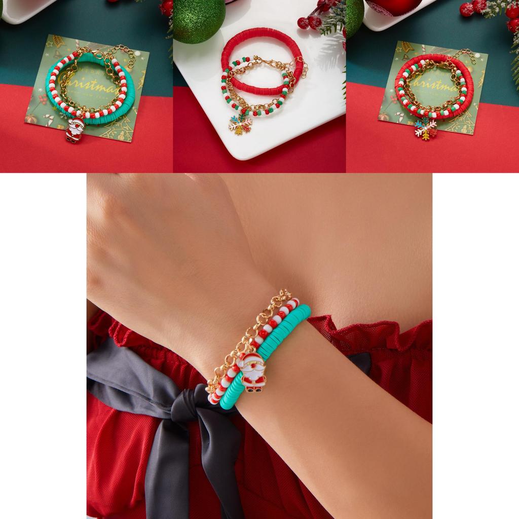 Christmas Resin Clay Bracelet Set With Snowflake Tree And Santa Pendants For Women Gift