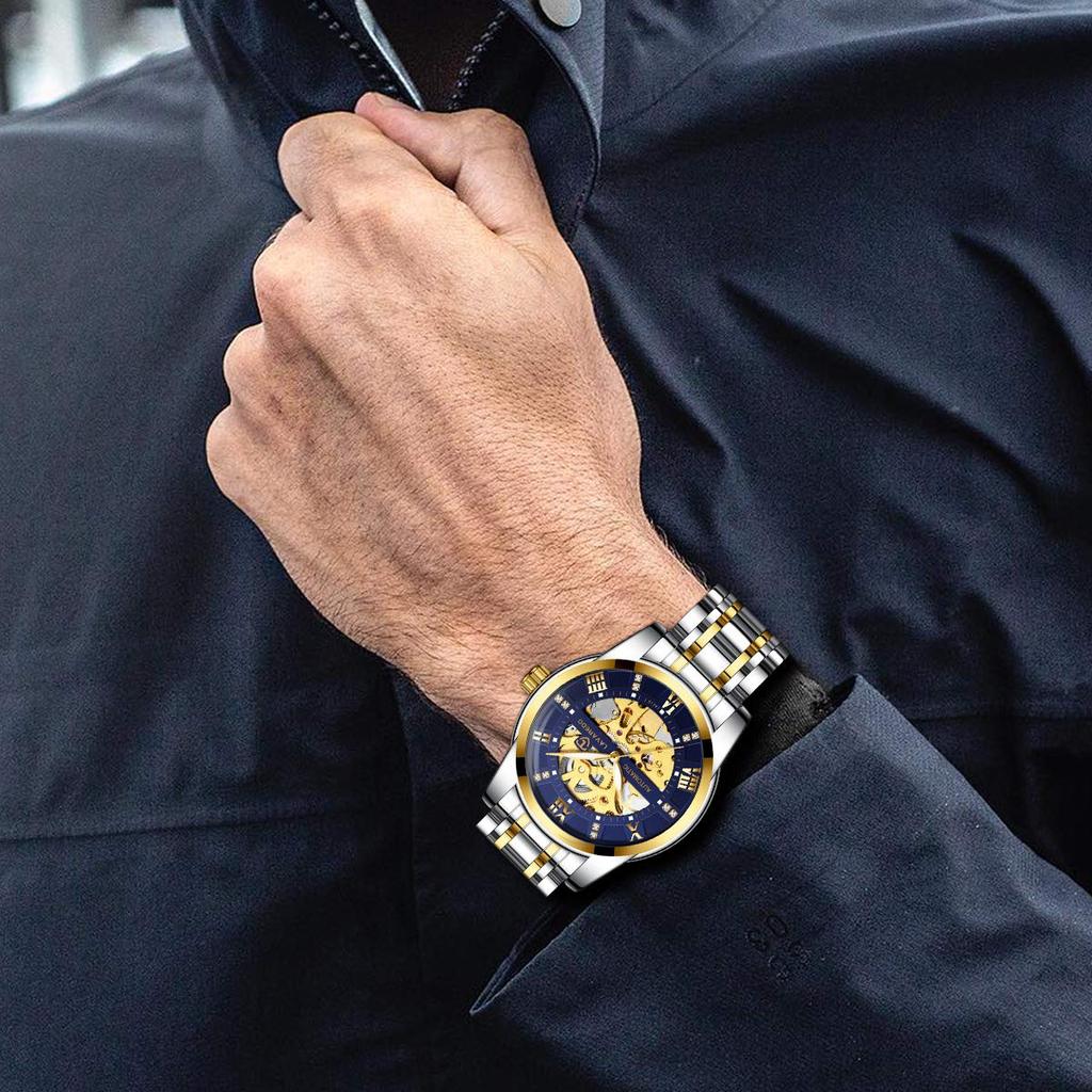 Tevise Men's Skeleton Mechanical Watch Silver Stainless Steel Luxury Waterproof Automatic Luminescent Diamond Roman Numerals Dial Gold Blue
