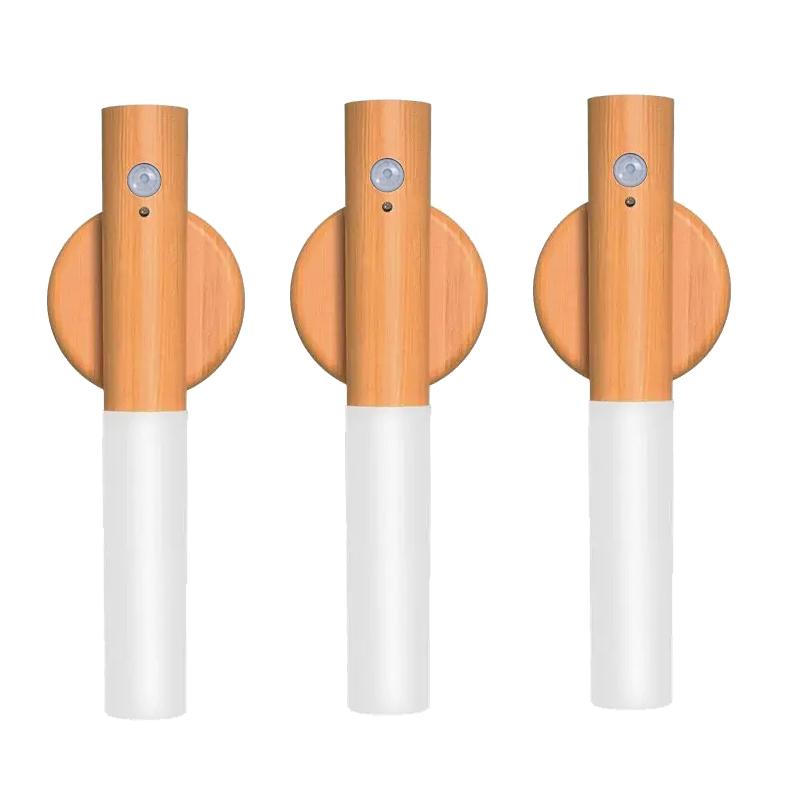 1-4PCS LED Motion Sensor Lamp Rechargeable Night Light Magnetic Wood Grain LED Wall Lights for Bedroom Bedside Stairs Hallway