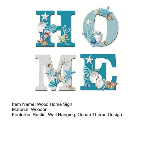 4 Pcs Rusic Wood Home Sign Beach Style HOME Cut Out Word Sign with Starfish Shell Coral Design Coastal Ocean Theme Wall Art for Living Room Bedroom