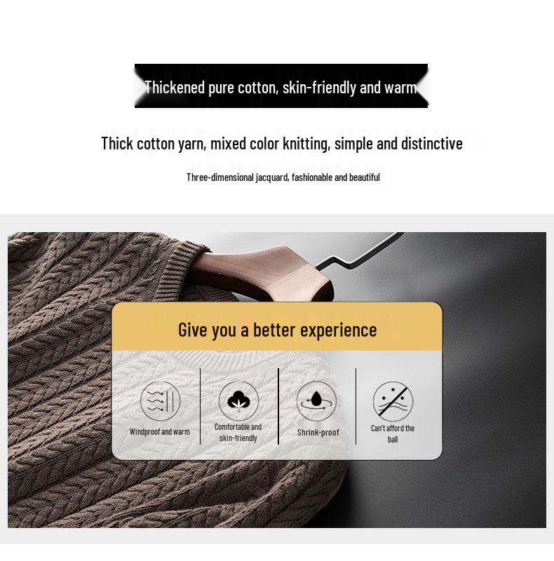 Men's Luxury All-Cotton Knitted Pullover - Thick, Solid Color, Velvet-Lined Cable Knit for Autumn and Winter
