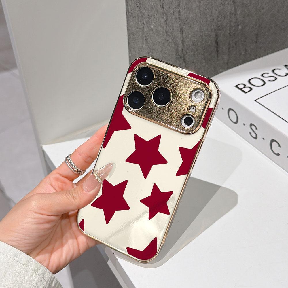 

Lucky Start Phone Case For iPhone 17 16 15 14 13 12 11 Pro Max 16E Gold Electroplated glass shell Cream red heart Cover IPHONE17PRO