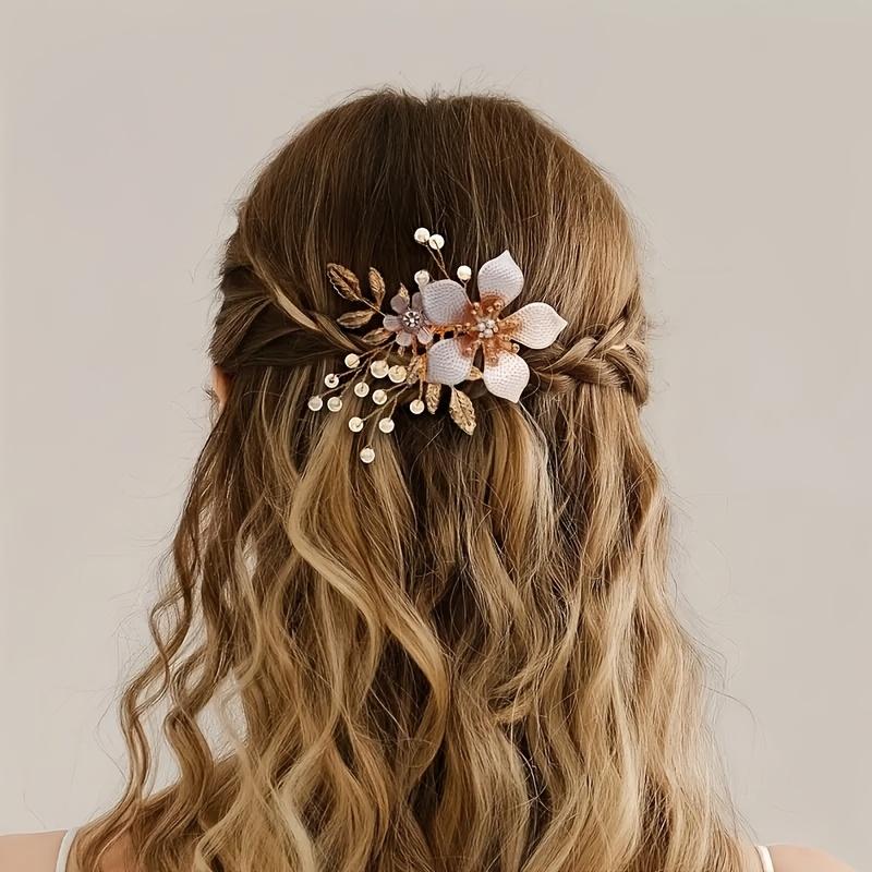 1PC Gold Handmade Pearl Flower Hairpin Women Photo Styling Banquet Party Hair Accessories