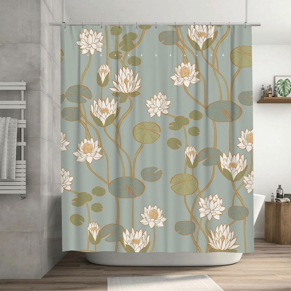 Delicate Floral Print Shower Curtain Elegant Green Gold Water Lily Design For Bathroom Decor Waterproof Fabric With Hook Rings S