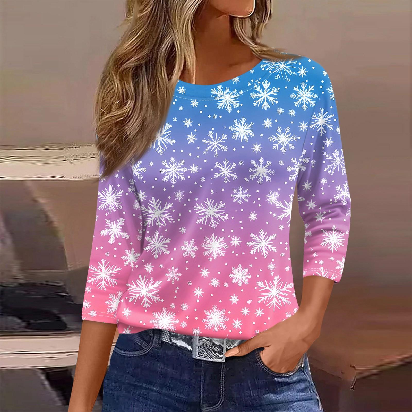 

Женская футболка с рождественским принтом, рукав 3/4, повседневная, модная, на выходные, базовая, с круглым вырезом, стандартный топ XXL