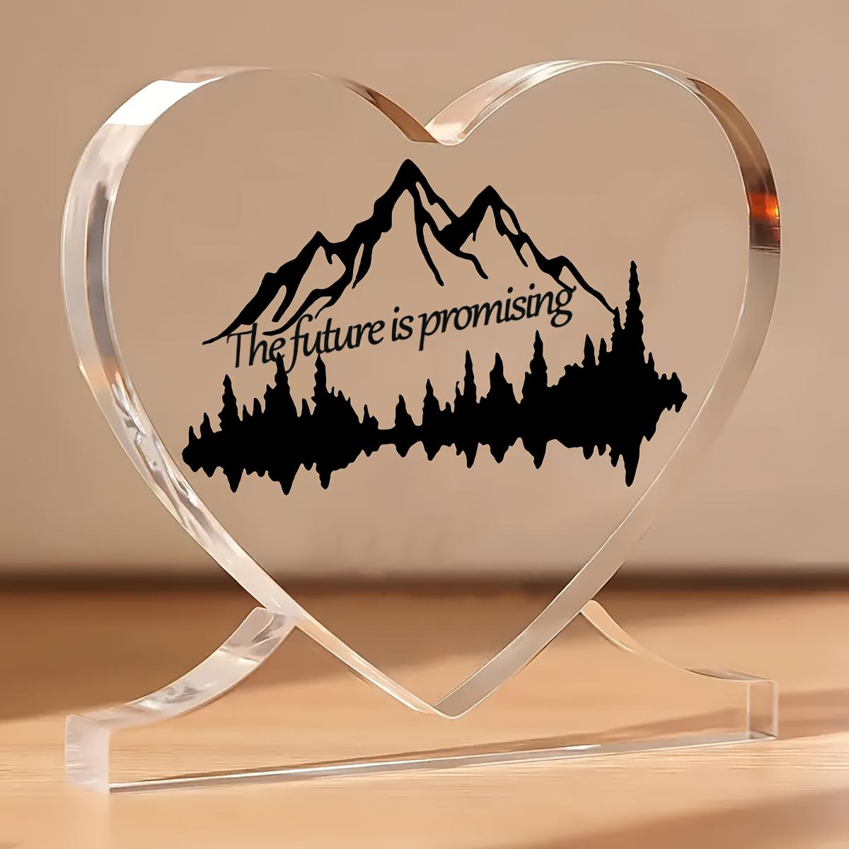 1pc Heart-Shaped Acrylic Decoration -  The Future is Promising  Inspirational Mountain & Tree Silhouette Wall/ Tabletop Decor with Sturdy Clear Base 10.4*10.9cm