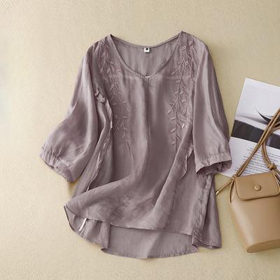 Summer Thin Cotton Linen Embroidered Loose Oversized V-neck Shirt Top for Women Blouses & Shirts