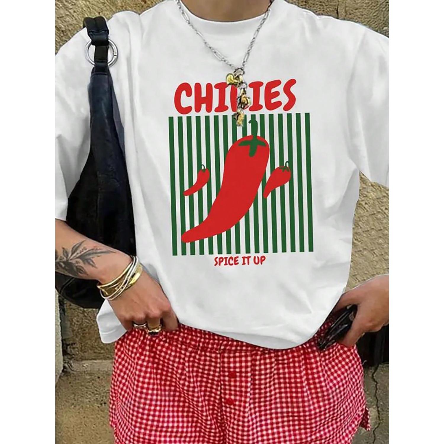 Women Plus Size Casual Chili Graphic Print Striped Letter Round Neck Loose T-Shirt, Spring Summer S