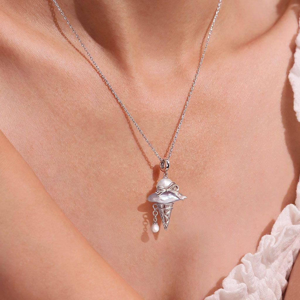 Women's Pearl Bow Pendant Necklace with Ice Cream Cone Charm