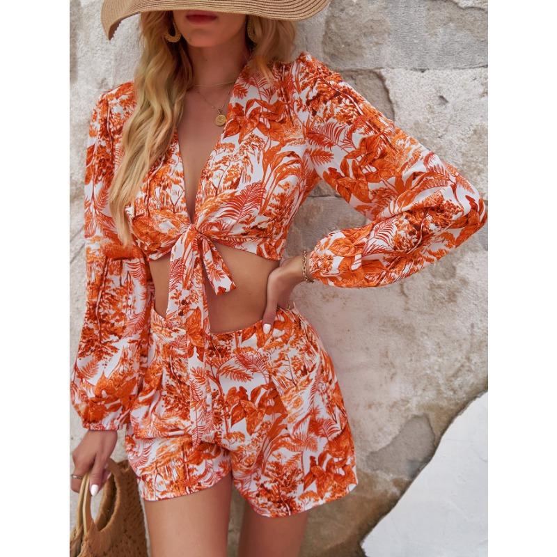 

Женский весенне-летний костюм тренд принт кружево сексуальный облегающий топ с длинным рукавом шорты костюм XL оранжевый