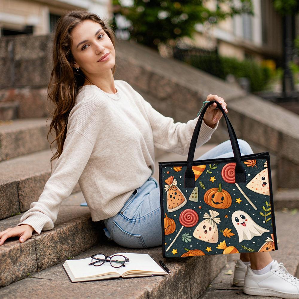 Cute Halloween Pattern Tote Bag Fashion Trendy Portable Daily Use Casual Shopping Handbag