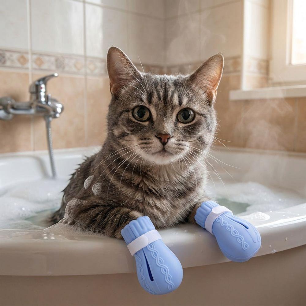 4PCS Adjustable Cat Claw Protector Anti-Scratch Pet Cat Shoes Cat Bath Wash Boots Home Use