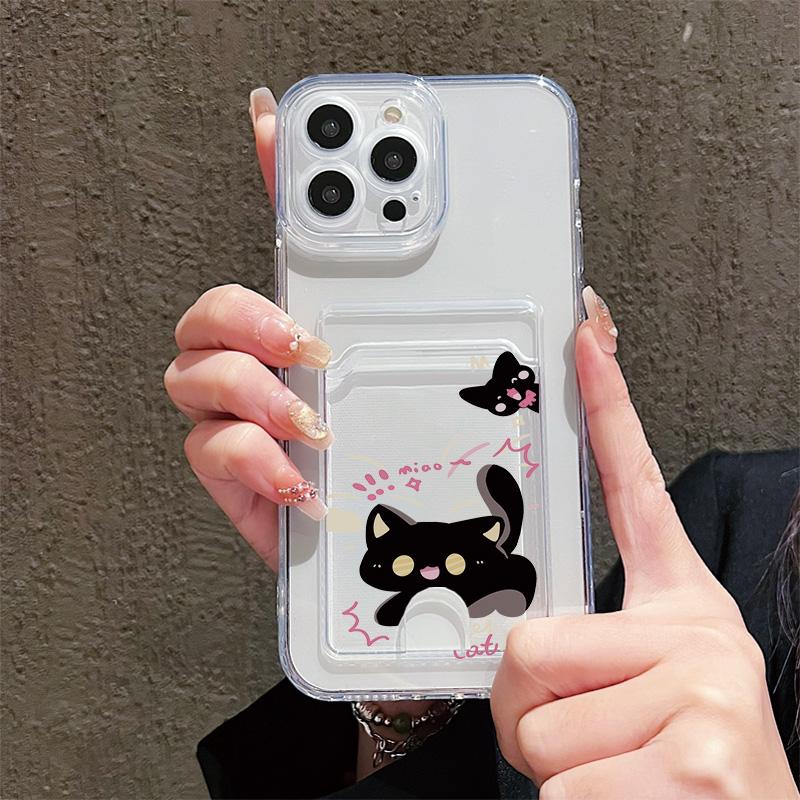 Cartoon Black Cat Printed Soft TPU Clear Shockproof Casing Protective Cover Transparent Full Back Case with 1 Card Slot Holder
