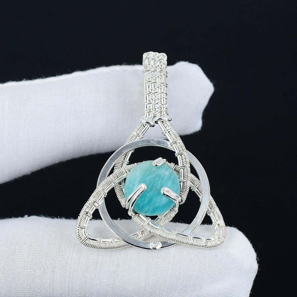 Natura Amazonit Edelstein Silber Anhänger in 925er Sterlingsilber - Handgefertigtes Design, Keltischer Familienknoten Drahtumwickelt Alltags Schmuck, Watte Geschenke