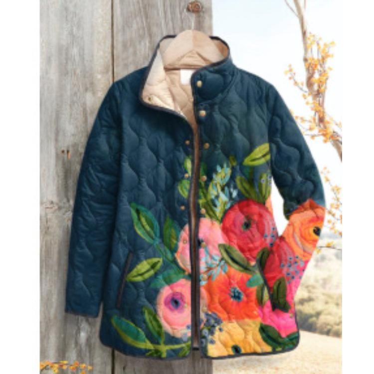 Women's Tropical Leaf Print Quilted Jacket Stand Collar Button Down Contrast Trim Casual Coat