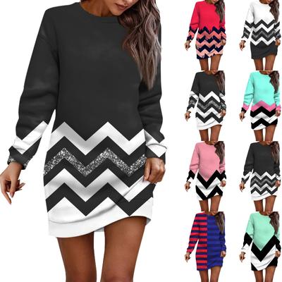 Women's Round Neck Striped Graphic Long Sleeve Hip Dress Sweater Dress