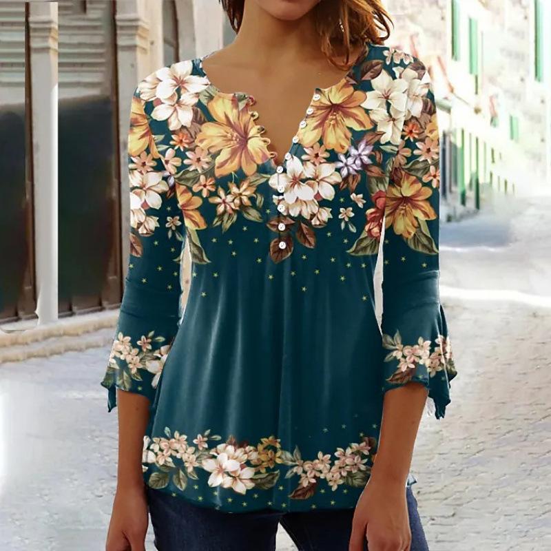 New Summer Fashion Floral Print V-Neck Three-Quarter Sleeve T-Shirt