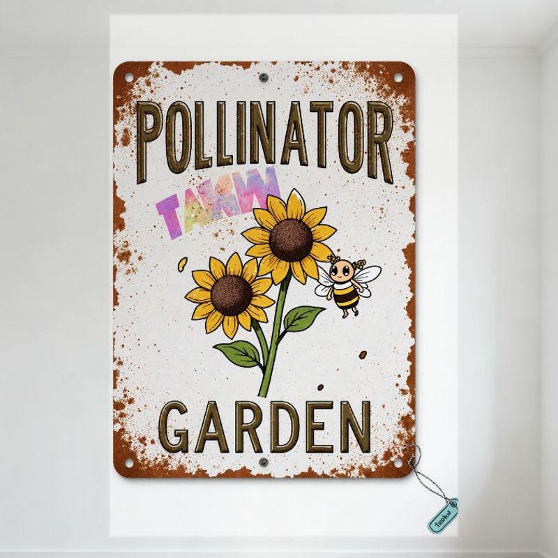 

Vintage Pollinator Garden Metal Tin Sign with Bee Sunflower Rusty Border Distressed White Background Home Decor Wall Art for Yar 20x30cm（7.8x11.8inch）