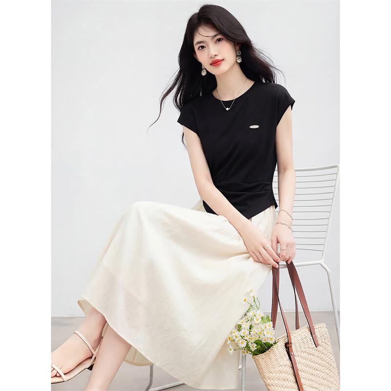 Women s Summer Spliced Faux Two-Piece T-Shirt A-Line Dress M