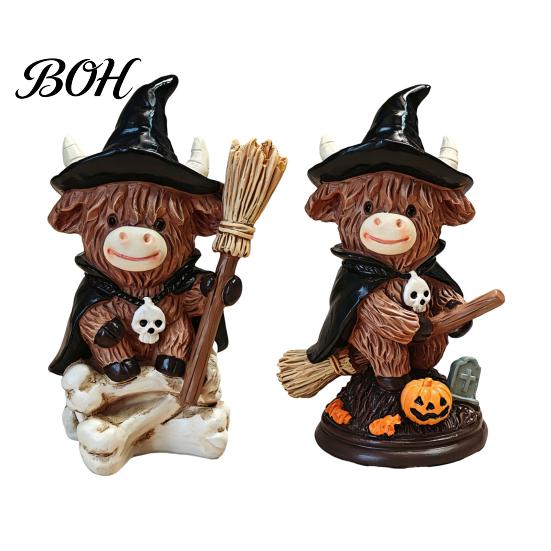 Decorative Cow Collectibles 2Pcs Halloween Highland Witch Ornament, Resin Figurine with Hat Pumpkin Broom Hand Painted Crafts & Skull, Cute Farmhouse