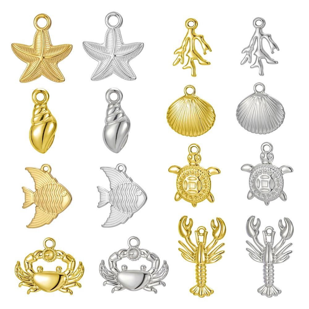 My Shape 5 Pcs Conch Starfish Coral Shell Charms Necklace Bracelet Summer Beach Stainless Steel Pendants for DIY Jewelry Making