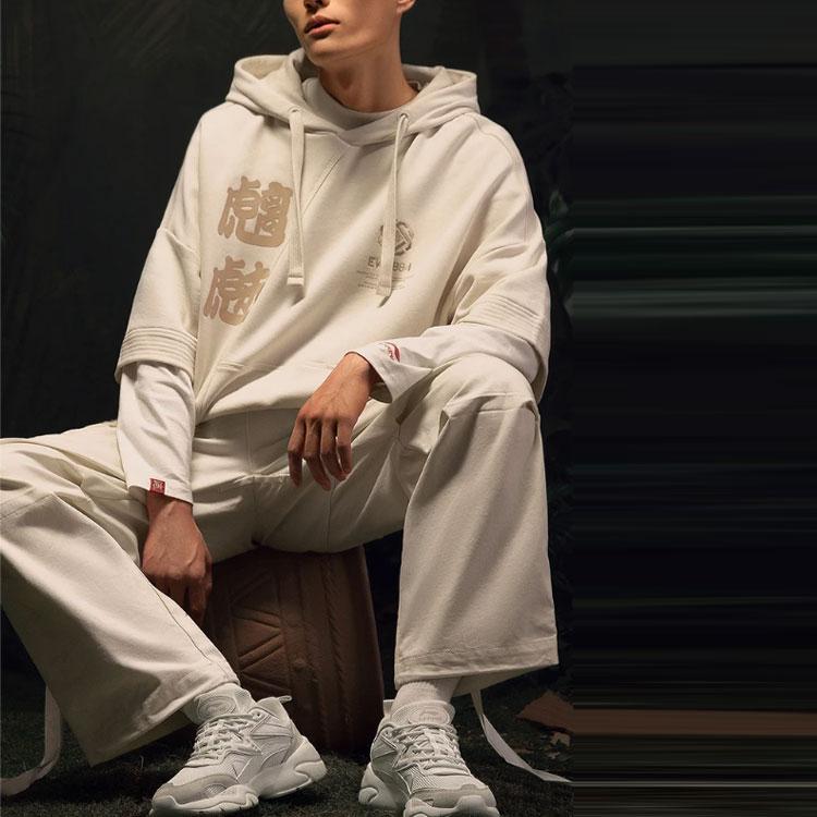 Li-Ning CF Sports Fashion Series Demon Print Hooded Loose Short Sleeve Sweatshirt Unisex Tops Eggshell-Grey AWDS597-2