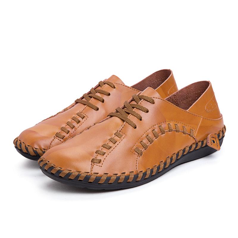 Men Handmade Loafers Retro Lace Up Solid Color Driving Flats Round Toe Anti-slip Thick Sole Lightweight Slip On Walking Shoes