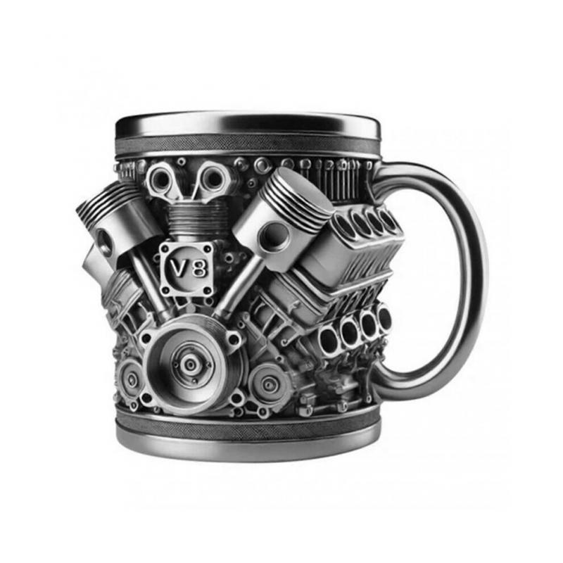 (V8)Personalized Stainless Steel Mug Engine Design Punk-Style Drinking Cup Double-Wall Insulated Cup for Car Enthusiasts
