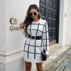 Women Fall Winter New Contrast Color Plaid Long Sleeve Sweater Bottoming Loose Knitted Dresses S-L