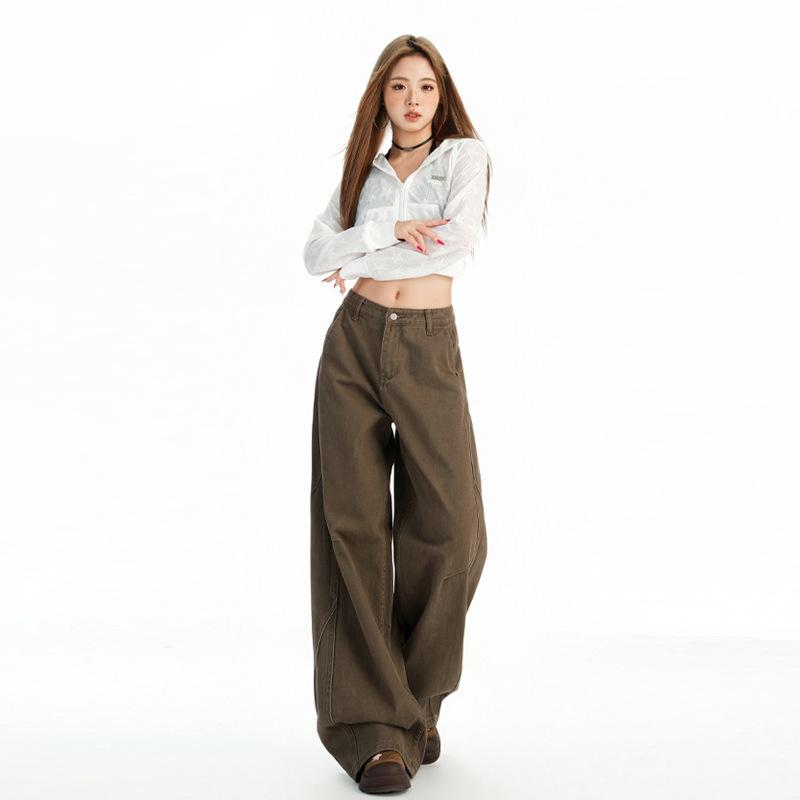 Brown coffee high waist wide leg jeans women's American retro autumn and winter new loose drape thin straight pants versatile