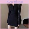 Korean Style Spring Black Knit Dress With Vneck And Long Sleeves For Women