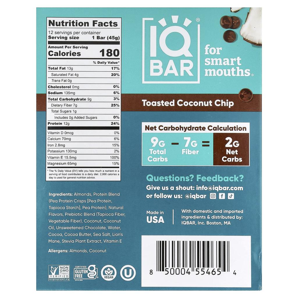 IQBAR, Plant Protein Bar, Toasted Coconut Chips, 12 Bars, 45g (1.6oz) Each