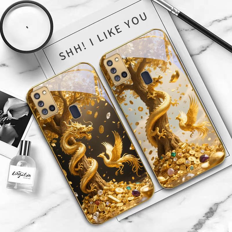 Golden Dragon Coiling For Samsung A 31 32 A33 A34 35 14 A15 13 A16 25 26 50 52 53 54 55 56 70 71 72 73 Golden glass phone case