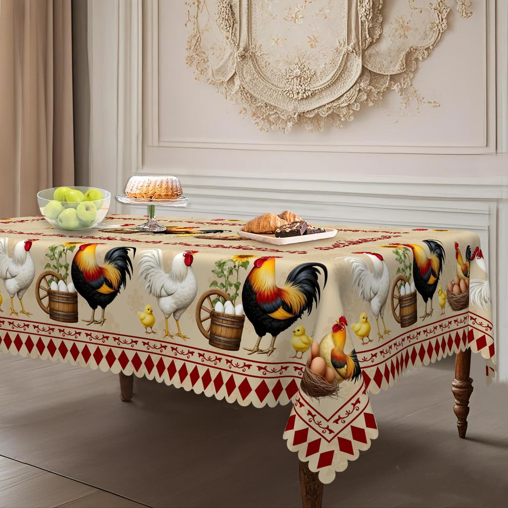 Pastoral Country Tablecloth, Chicken Print Egg Sunflower Retro Trim, Waterproof Household Dining Table Coffee Table Cloth