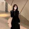 Hepburn Style Black Long-sleeved Dress Women's Spring and Autumn Design Sense Half Zipper Waist Thin Spice Girl Bottom Long Dress