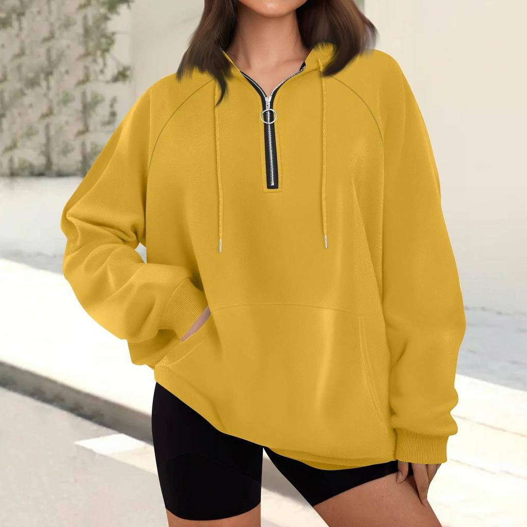 Women's Casual Fashion Long Sleeve Solid Color Zip Hooded Sweatshirt Top With Pocket