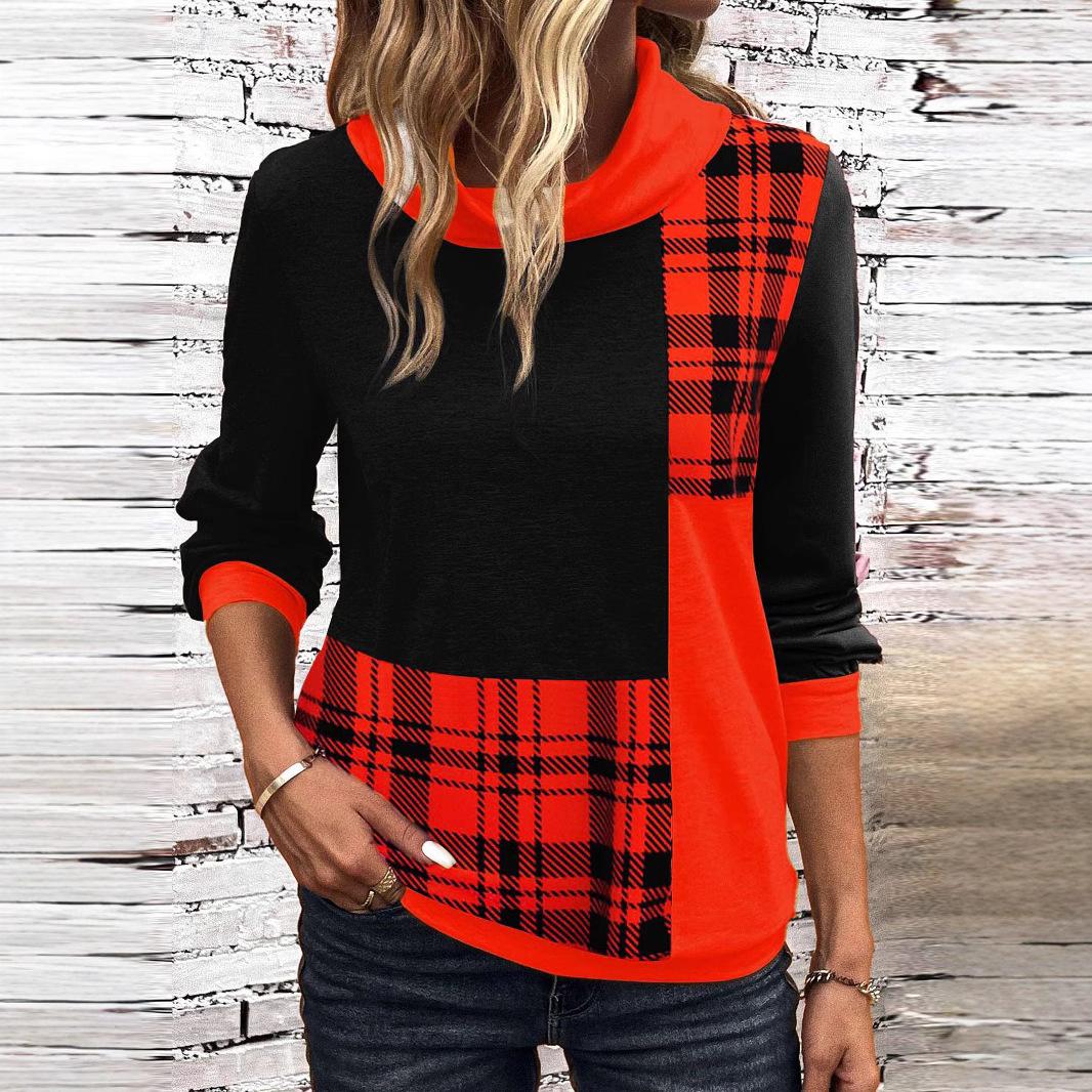 

Осенне-зимняя женская клетчатая принтованная толстовка больших размеров с высоким воротом и длинными рукавами XXL красный