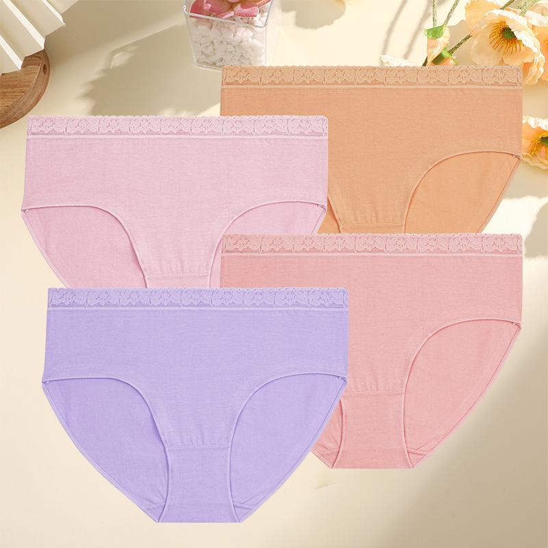 4PCS/Set Women Cotton Panties Sexy Low Waist Briefs Lace Cotton Female Comfortable Underwear Solid Color Soft Lingerie