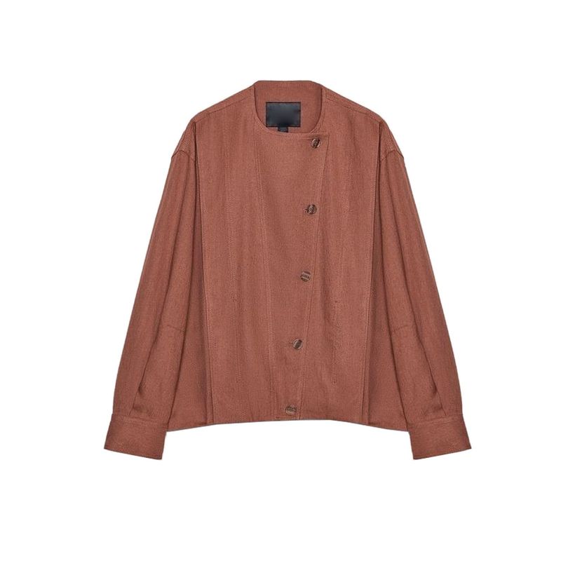 

Fall New Women s Clothing Pleated round Neck Long Sleeves Linen Blend Pilot Jacket Outwear 8332586 Brick Red L