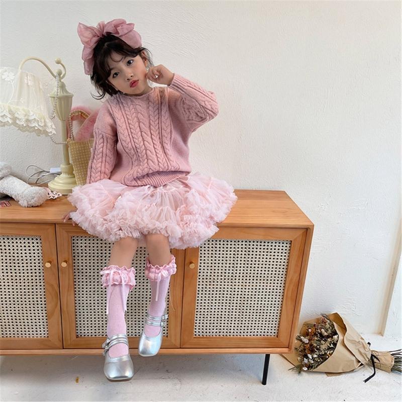 Breathable Cotton Hosiery Socks for Girls Toddler Stretchy Knee High Socks Puff Edge Lace Bows Socks for Autumn Spring