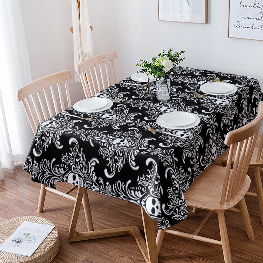 Obrus Czaszka Czarno-Biały Dekoracja Świąteczna Wodoodporny Prostokątny Obrusy Dekoracja Ślubna Nakrycie Stołu