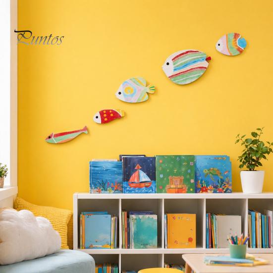 Ocean Theme Wall Art 5Pcs Wooden Fish Decor, Rainbow Striped Tropical Ornaments with 3D Kids Room Decoration Embossed Texture, Lightweight Coastal