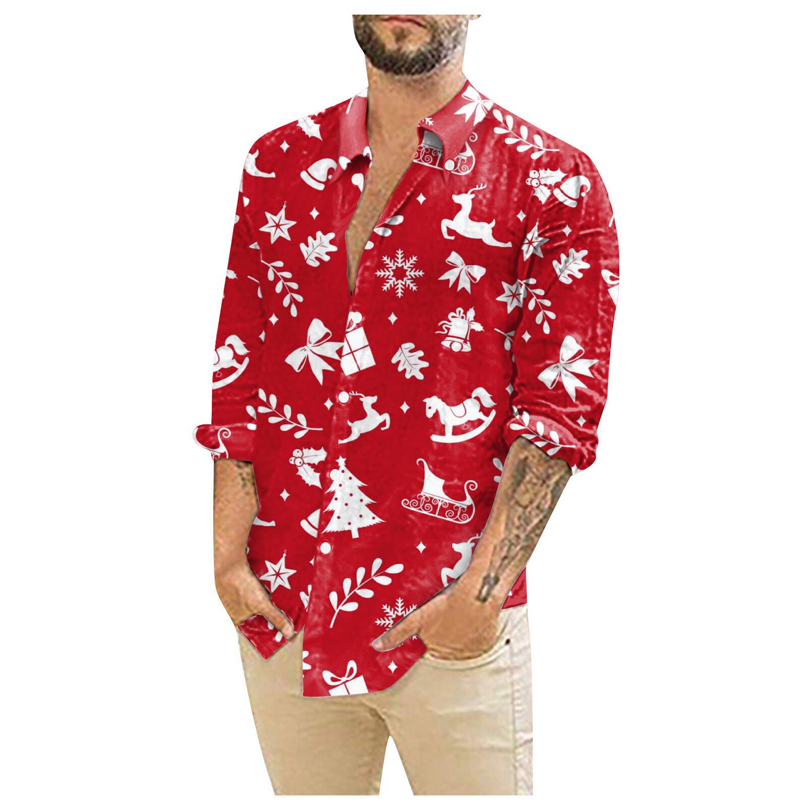 

Мужские рождественские рубашки с длинным рукавом и цветочным принтом, топы на пуговицах, забавная милая классическая рубашка с рисунком XXXXL киноварь