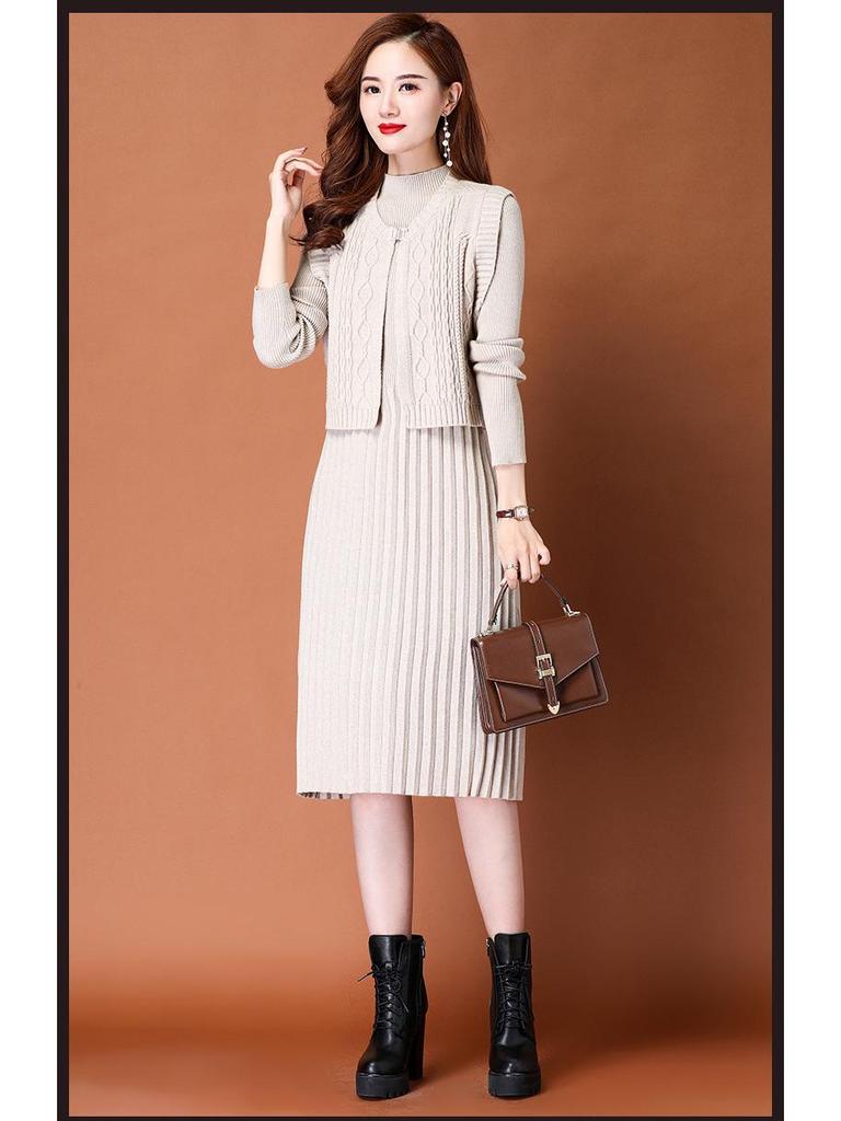2025 Autumn/Winter Women's Elegant Knit Two-Piece Mid-Length Wool Dress Set